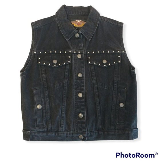 Women's Medium M Harley-Davidson Denim Vest Studded - Picture 2 of 7